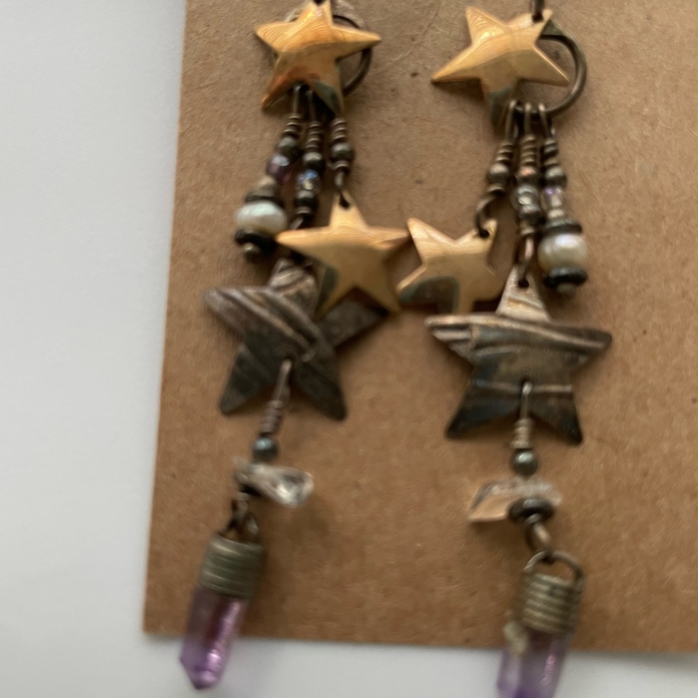 Handmade Brass Star Dangle Earrings with Amethyst Accent